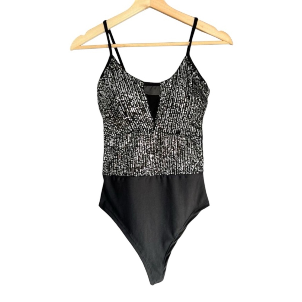 ASTR The Label Women’s Sequin Bodysuit Silver & Black Shine size XS